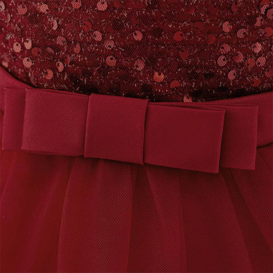 Kleinkind Rot Pailletten Mesh Kleid Mädchen Baby Einfarbig Neue Jahr Party Formale Kostüm Leistung Prinzessin Kleid Geburtstag Kleidung.