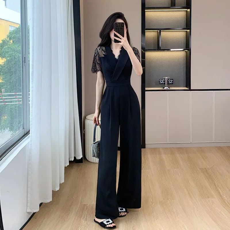 V-neck Solid Office Jumpsuit Women Elegant High Waist Wide Leg Pants Overall 2025 Fashion Slim Hollow Solid Color Romper.