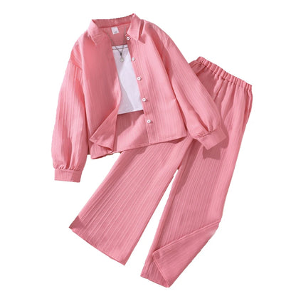 Girls Sets 4-16 Years Shirt Long-Sleeved Coat + Loose Casual Long Pants For Girls Korean Style Suits Summer Fashion Clothes Sets.