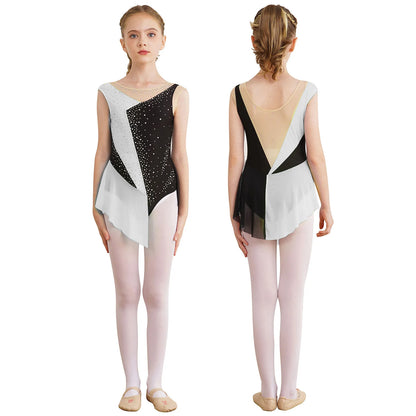 6-16Y Mädchen Ärmelloses Eiskunstlauf Trikot Kleid Ballett Rhythmische Gymnastik Lyrical Dance Body Bühne Leistung Dancewear