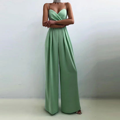 New Spaghetti Strap Slim High Waist Jumpsuits Fashion Ladies Solid Color Office Wide Leg Rompers Elegant Pleated Simple Playsuit.