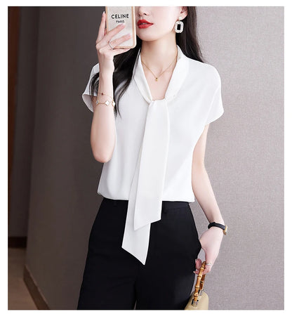 Bow Tie Blouse Shirt for Women OL Elegant Blouses Satin Womens Tops Silk Female Clothing 2023 Korean Fashion Short Sleeve Blouse.
