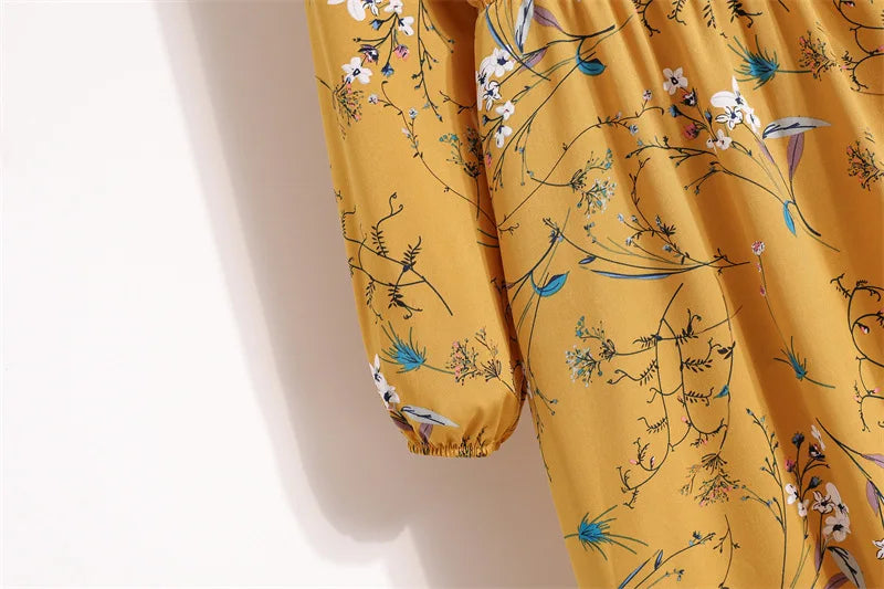 Women Floral Printed Maxi Dresses Spring Summer Casual O Neck Full Sleeve High Waist A Line Boho Beach Party Long Dress Vestidos