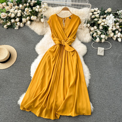 Französisch Vintage elegante Plissee Vneck Kleid A-Linie Mode Chiffon Frühling Herbst ärmellose Vestidos Frauen kleider.
