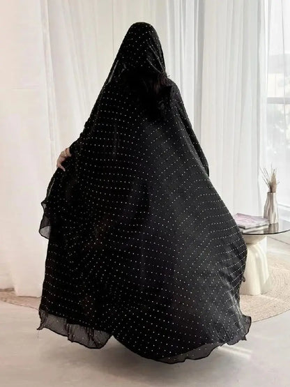 Ramadan Wave Point Black Open Muslim Modest With Hijab Women Kimono Abaya Damen Dubai Islam Kebaya Kaftan Robe Femme Musulman.