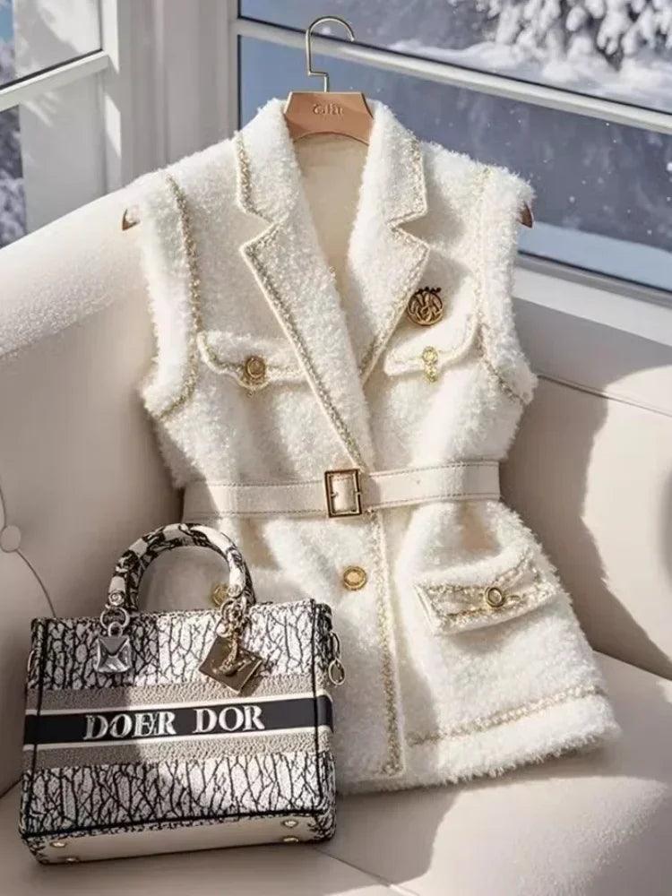 Frankreich Elegante Taille Gürtel Weiß Lamm Wolle Jacke Ärmellose Blazer Frauen Weste Formale Büro Dame Koreanische Mode Oberbekleidung.