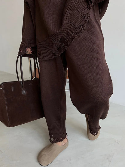 Bornladies Autumn Winter Women's New Turtleneck Knit Sweater Skinny Knit Pants Set Soft Oversized Ripped Hem Fashion Pullover