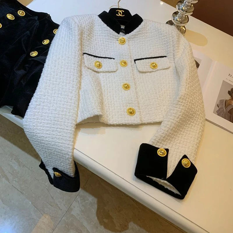 Mode Nähen Tweed Kurze Jacke Frauen Herbst Winter Elegante Büro Dame Mantel Y2K Koreanische O Neck Einreiher Crop Outwear.