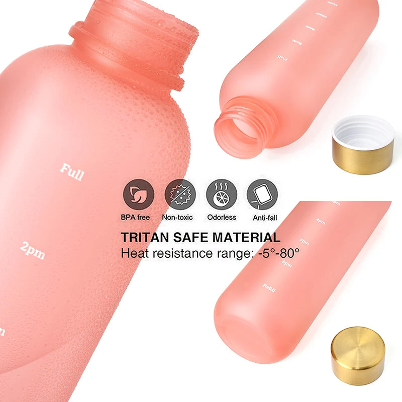 1L Bottle With Time Marker 32 OZ Motivational Reusable Fitness Sports Outdoors Travel Leakproof BPA Free Frosted Plastic.