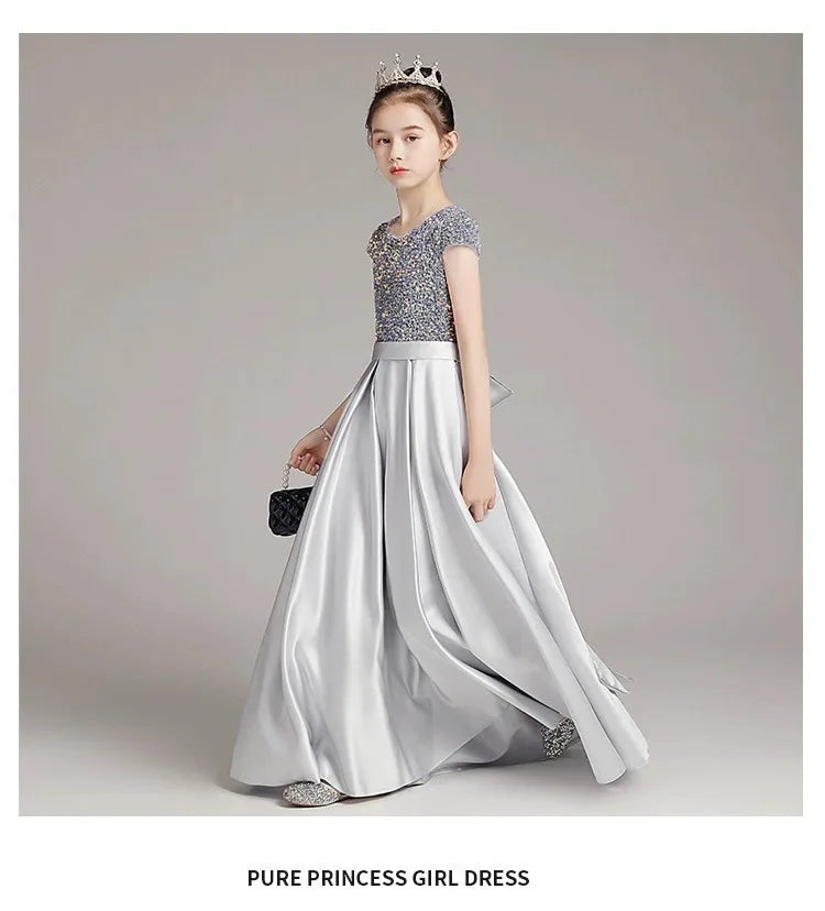 Mädchen-Klavierkleid, graues Pailletten-langes Performance-Kleid, Prinzessinnenkleid, Kinder-Host-Show-Performance-Kleid, Sommer.