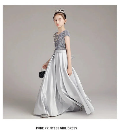 Mädchen-Klavierkleid, graues Pailletten-langes Performance-Kleid, Prinzessinnenkleid, Kinder-Host-Show-Performance-Kleid, Sommer.