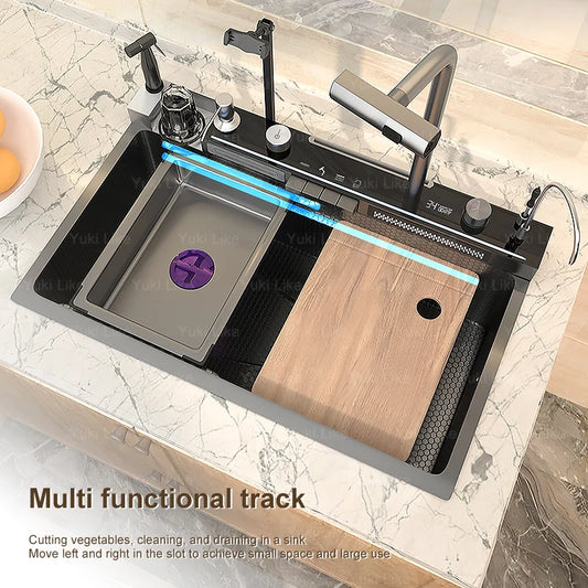 Stainless Steel Digital Kitchen Sink Large Waterfall Pull Out Faucet Honeycomb Embossed Sink Set