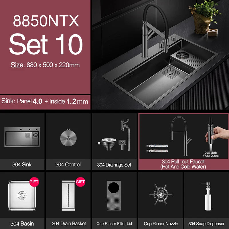 ASRAS New Waterfall Faucet Kitchen Sinks Nanometer Large Size 4mm Panel Handmade Sinks Cup Rinser Kitchen Sinks