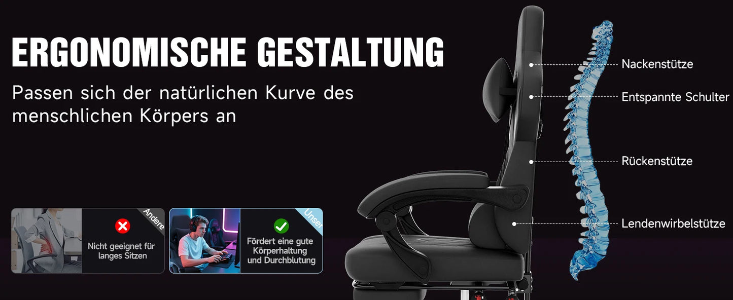 WOTSTA Gaming-Stuhl, ergonomischer Bürostuhl, Renncomputerstuhl, höhenverstellbarer Computerstuhl mit Kopfstütze