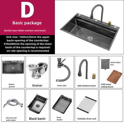 Wasserfall-Küchenspüle aus Edelstahl, extra groß, mit einem Schlitz, multifunktionale Geschirrspülbecken, Unterbaubecken, Tassenwascher