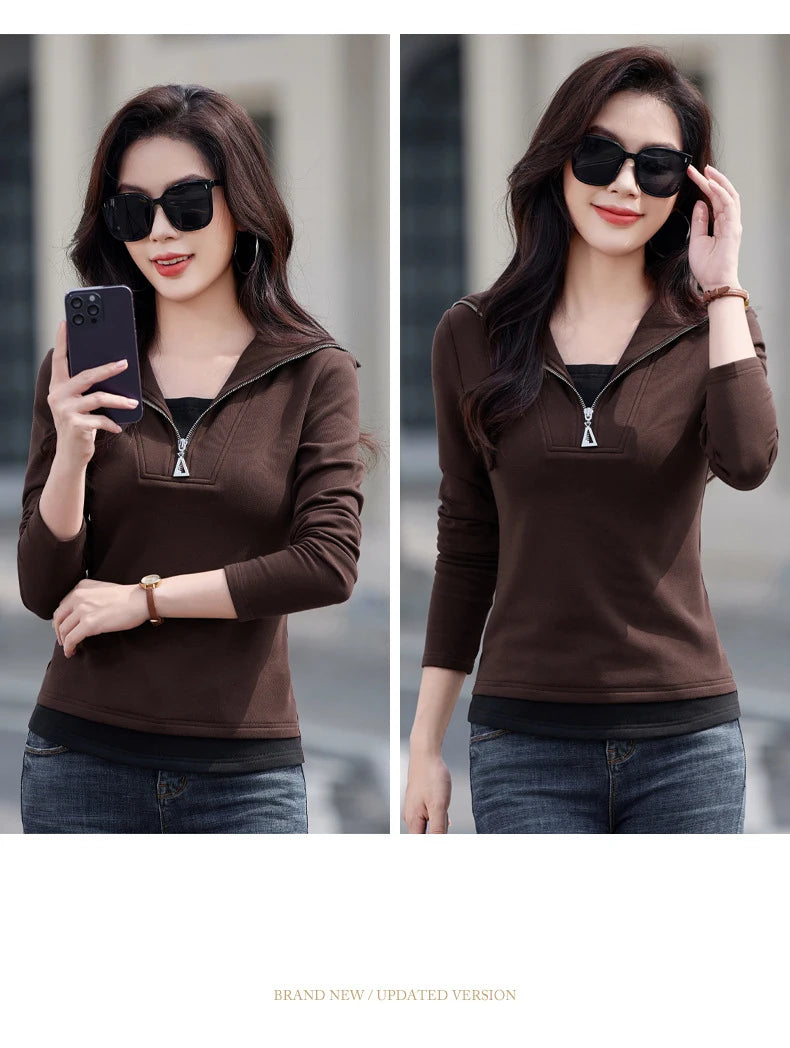 Fake two long sleeved T-shirts for women in autumn and winter, new fashionable plus size color blocked warm zipper lapel top.