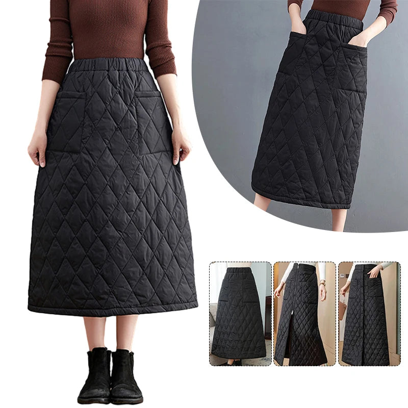 Women Winter Skirt Windproof Warm Down Cotton Skirt High Waist Quilted Cotton Padded Skirts Office Lady Elegant Skirt.