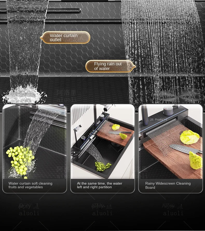 Kitchen 304 Stainless Steel Waterfall Sink, Large Single Slot, Digital Display Embossed Washing Basin Household Dishwashing Sink