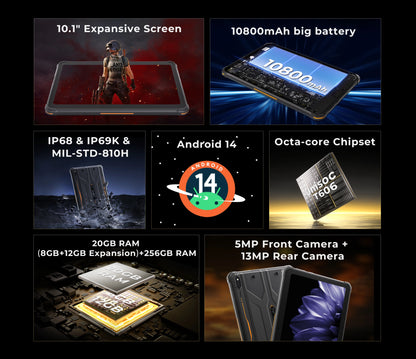 HOTWAV R10 Pro Rugged Tablet Android 14 10.1'' HD+ 13MP Camera Pad 10800mAh Battery 8GB 256GB 8-core OTG Charging Tablet PC.
