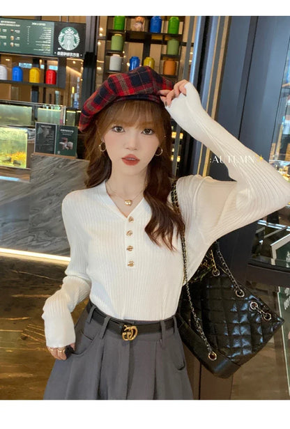 2025 Autumn Winter Women Sweaters Casual Slim Button Knitted Pullover Sweater Femme Basic Solid Jersey Tops Fashion Clothes