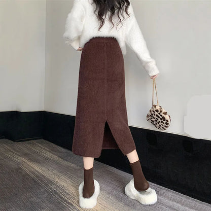 Korean Imitation Mink Plush Knitted Skirts Women Autumn Winter Thick Soft Split Pencil Skirts Elegant High Waist Bodycon Skirt.