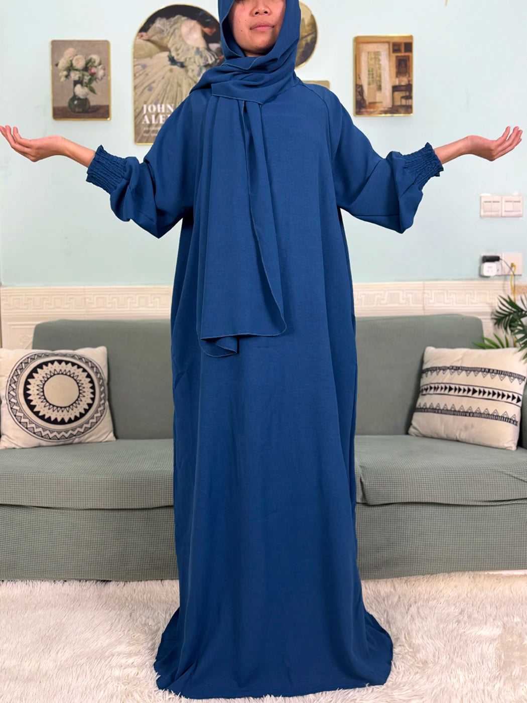 Muslim Abaya Ramadan 2025 For Women Pure Cotton Loose Prayer Femme Robe Elastic Cuffs African Dress With Connected Hijabs Scarf.