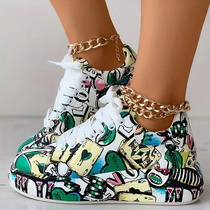 Women's Graffiti Print Sneakers Fashion Lace-up Low-top Platform Sneakers Casual Skateboard Shoes Sneakers New Vulcanized Shoes.