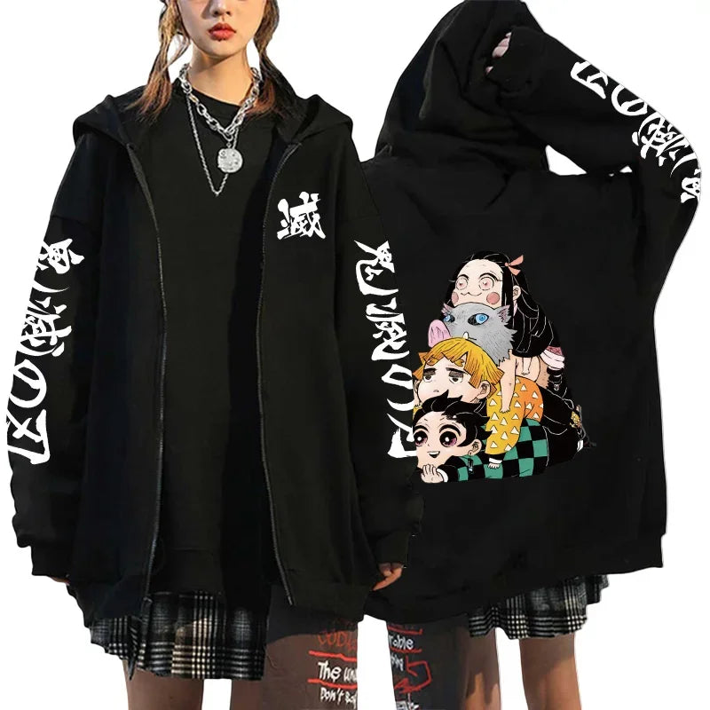 Japan Anime Print Black Hoodie Woman Hooded Long Sleeve Zipper Jacket Tanjirou Zenitsu Inosuke Pattern Sweatshirt Autumn Coat.