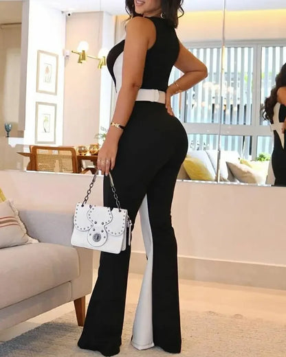 Spring and Summer New Women's Fashion Casual Slim Striped V-neck Black and White Contrast Jumpsuit--without Belt.