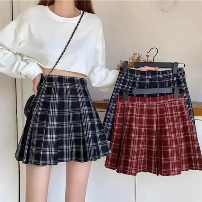 2024 Women Fashion Korean Style JK Mini Skirts Girls Red Grey Plaid Pattern Dress Female Versatile A Line Zipper Pleated Skirts.