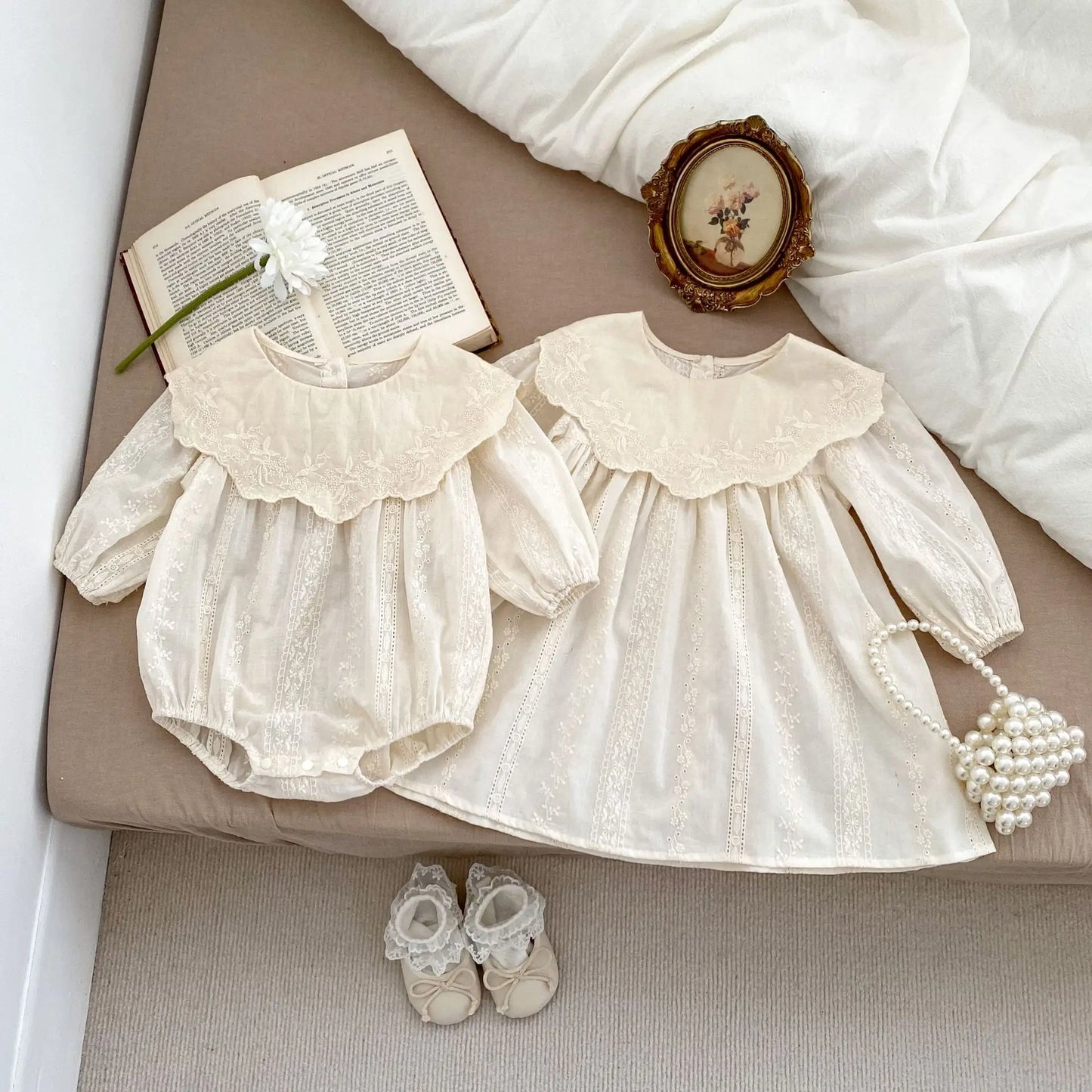 Frühling Baby Body Schwestern Kleid Blume Stickerei Kleid für Kleinkind Mädchen Kleinkind Outfit.