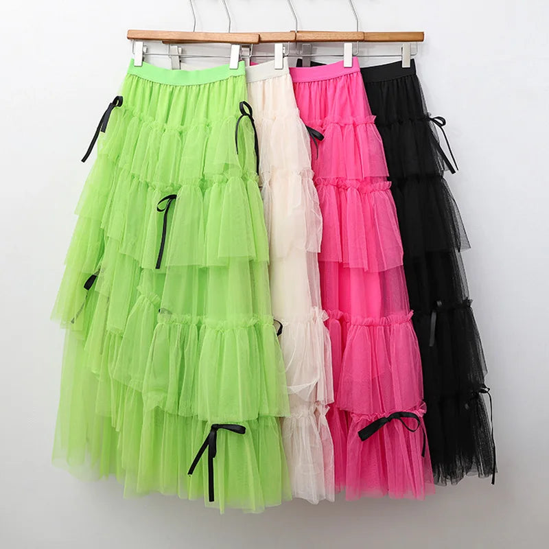 Long Maxi Tulle Skirt Women Sweet Tiered Long Skirt Autumn Winter Women Fashion Korean Mesh Skirt Female Party Skirt Clothes.