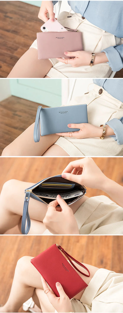 Simple Solid Color Thin Long Wallet PU Leather Large Capacity Zipper Wallet Classic Fashion Womens Handbag Can Hold Mobile Phone.