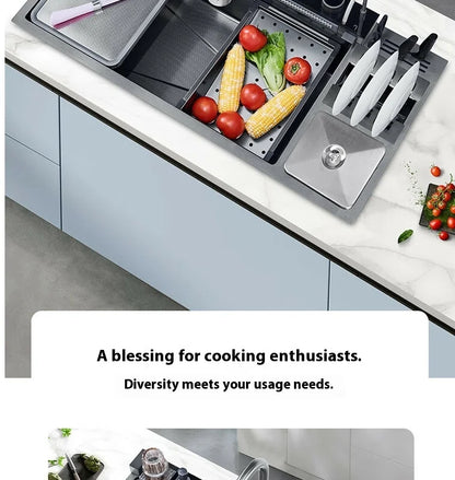 Stainless Steel Kitchen Sink Large Size Single Slot Multifunctional With Trash Can and Drain Rack Household Wash Dish Basin