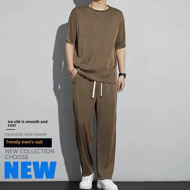High-End Ice Silk Men's Sports Suit Casual Home Use Long Pants Short Sleeves Quick Drying Top Set Summer Collection.
