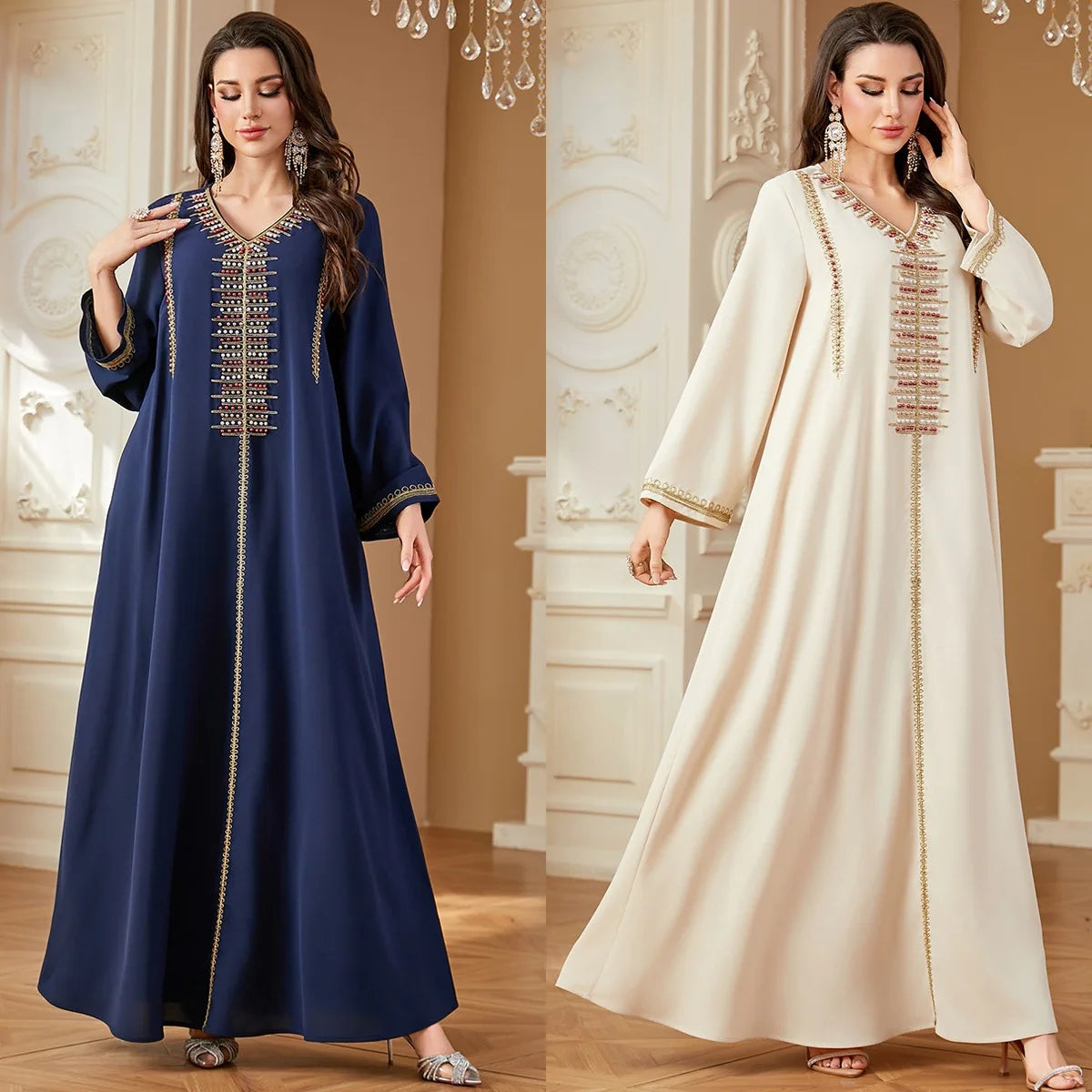 Elegant V-Neck Beading Embroidery Abaya For Muslim Woman 2025 Casual Loose Moroccan Saudi Dubai Kuwait Morocco Stylish Kebaya.
