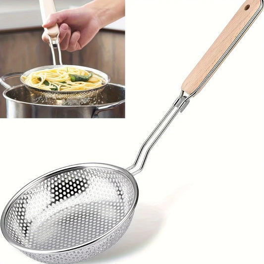 Stainless Steel Colander with Wooden Handle - Fine Mesh Skimmer Spoon for Cooking, Food Prep  Grease Filtering for Pasta Noodles.