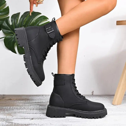 Chunky Platform Thick Heel Pink Ankle Boots Women 2025 Winter Punk Thick Bottom Lace Up Motorcycle Boots Metal Buckle Booties