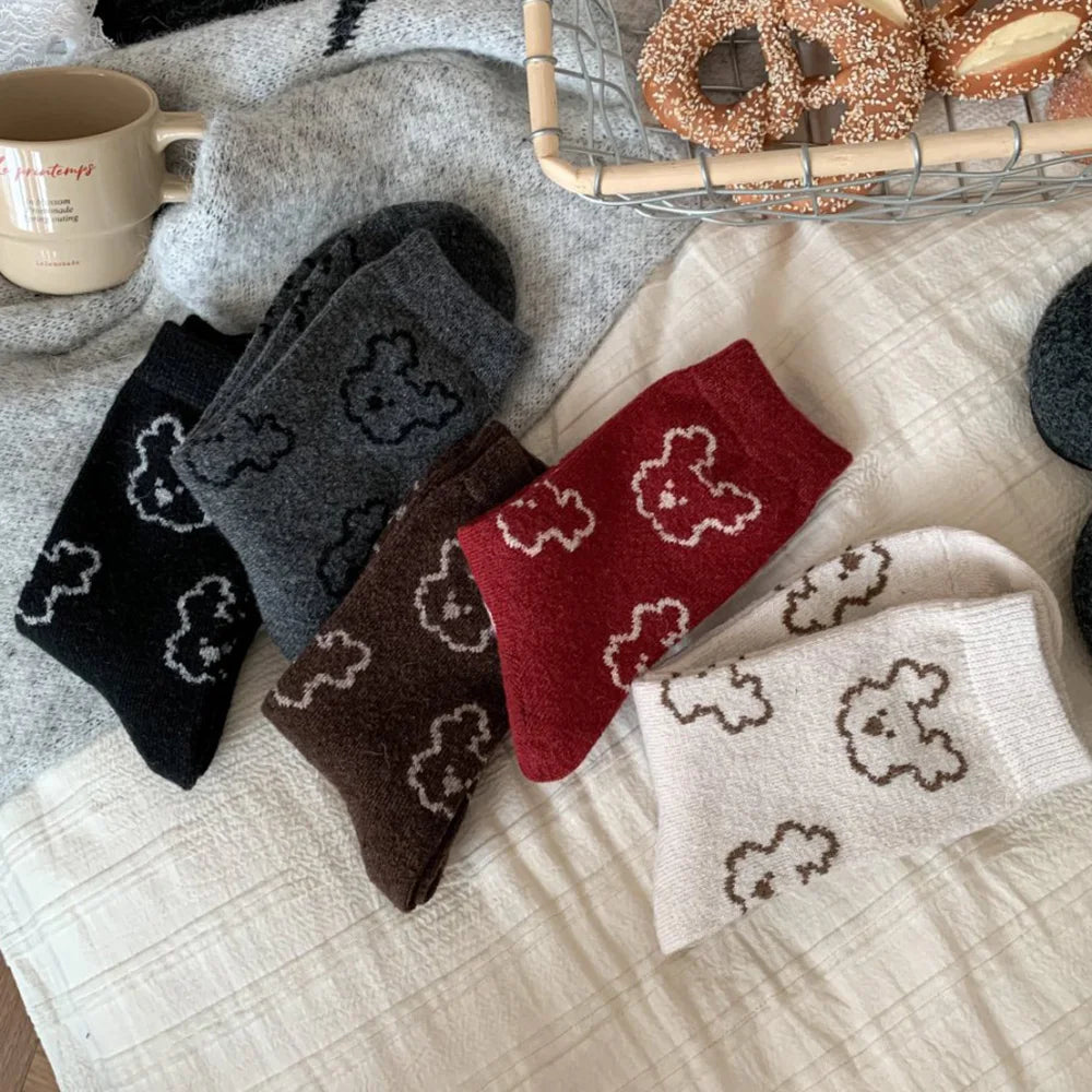 Christmas Gift Socks Women Winter Keep Warm Wool Socks Cute Bear Cartoon Happy Funny Kawaii Daily Streetwear Woman Floor Socks.