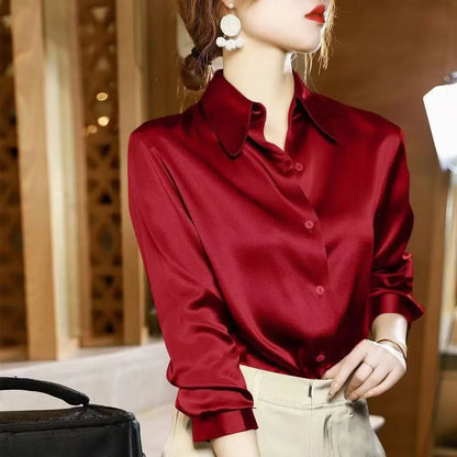 High Quality Silkly Satin Women's Shirt Office Ladies Long Sleeve Blouses Polo Neck Gold shirt Button Luxury Casual women tops