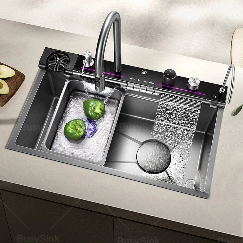 Stainless Steel Kitchen Sink Waterfall Faucet Large Single Sink Intelligent Dishwasher Sink Digital Display and Light Effects