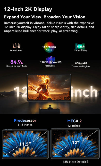 Blackview MEGA 2 Android 15 Tablet 12 inch 2K Display 36(12+24)GB 256GB Unisoc T615 9000mAh Battery Widevine L1 Pad PC.
