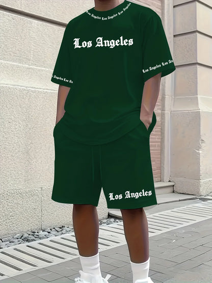 Men's Casual LA Patterned Suit, Soft and Breathable Summer Suit, Drawstring Shorts, Casual Summer Wear, Comfortable Fit.