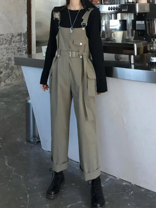 Jumpsuits Women Design Loose Fashion Vintage Students Spring Korean Style Straight Leisure Belt Simple Solid Elegant Tender Cozy.