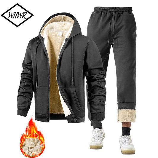 Men's Suit Two-Piece Tracksuit Plush Thickened Warm Sports Jacket+Trousers Sports Suit Winter Outdoor Casual Hoodie Sportswear.