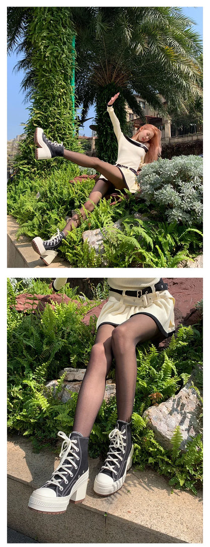 Women Platform Sneakers Canvas Shoes Personalized Luxry Heels Skateboard Lace Up Casual Fashion Outdoor Sneakers.
