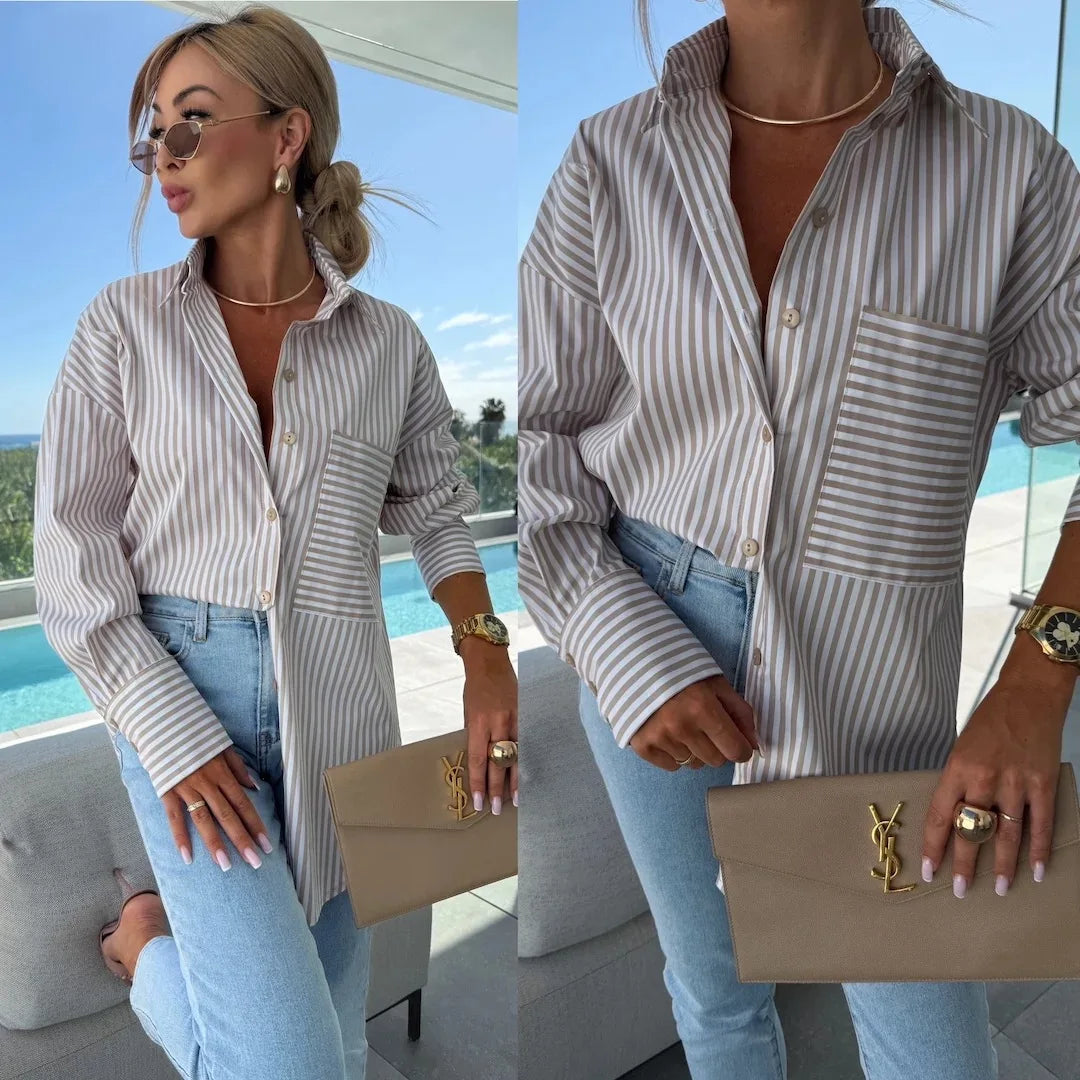 2025 New Women's Shirt Long Sleeve Striped Pocket Button Blue Casual Loose Top Street Office Pink Blouses.
