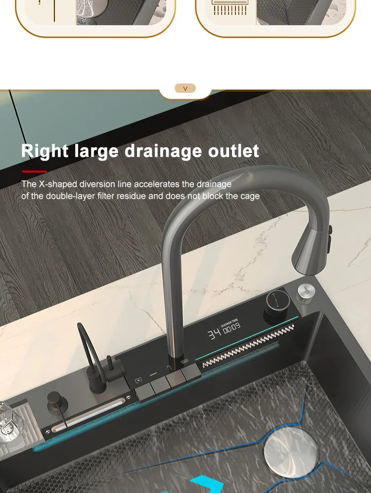 Wasserfall-Küchenspüle aus Edelstahl, multifunktional, groß, Einzelschlitz, Geschirrspülbecken, Küchenrenovierung