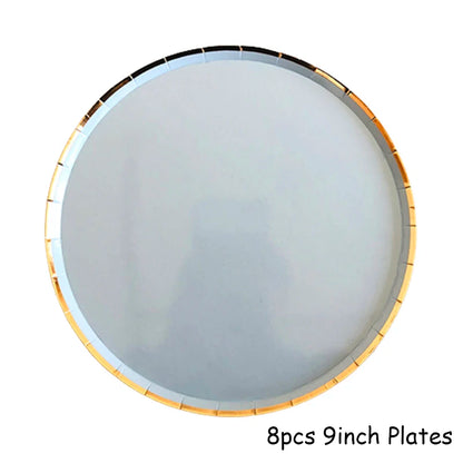 Gold Blue Party Disposable Tableware Paper Straw Cups Plates Napkins Baby Shower Favors Birthday Wedding Decor Party Supplies.