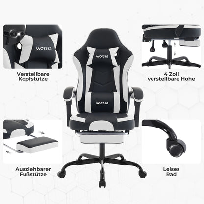 WOTSTA Gaming-Stuhl mit Fußstütze, Gamer-Stühle, ergonomisch, mit Lendenkissen, Kopfstützenstuhl, höhenverstellbarer Computerstuhl